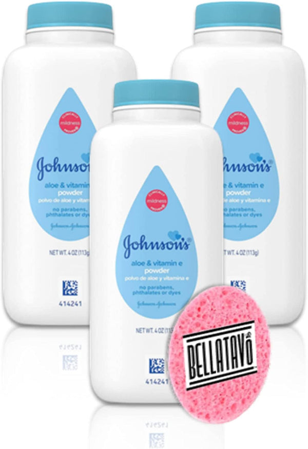 Johnsons Aloe Vera Baby Powder (Three-4oz) Plus a BELLATAVO Facial Sponge