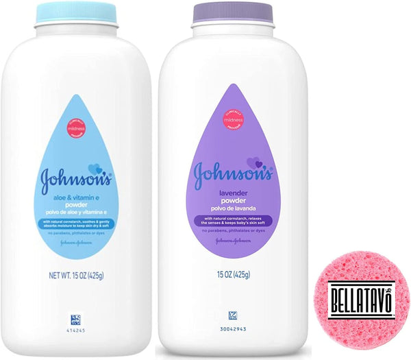 Johnsons Lavender & Aloe Vera Baby Powder (Two-15oz) Plus a BELLATAVO Facial Sponge