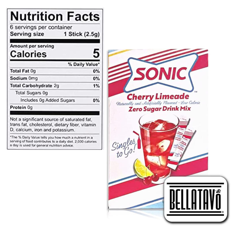 Cherry Limeade Drink Mix Bundle. Includes Six Boxes of Sonic Cherry Limeade Singles To Go Drink Mix Plus a BELLATAVO Refrigerator Magnet. Each Box Has 6 Cherry Limeade Drink Mix Packets