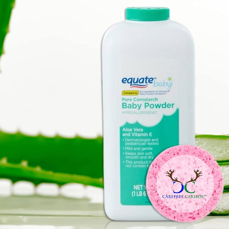 Pure Cornstarch Baby Powder Bundle. Includes Two 22oz Canisters of Equate Hypoallergenic Pure Cornstarch Baby Powder with Aloe Vera and Vitamin E Plus a Carefree Caribou Pink Compressed Facial Sponge!