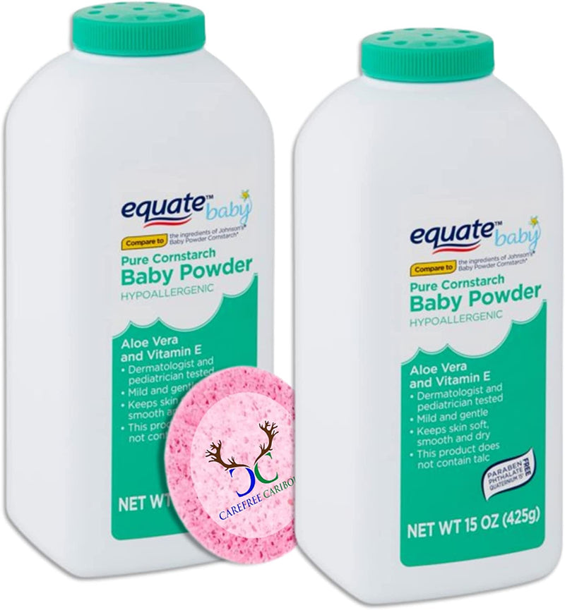 Pure Cornstarch Baby Powder Bundle. Includes Two 15oz Canisters of Equate Hypoallergenic Pure Cornstarch Baby Powder with Aloe Vera and Vitamin E Plus a Carefree Caribou Pink Compressed Facial Sponge!
