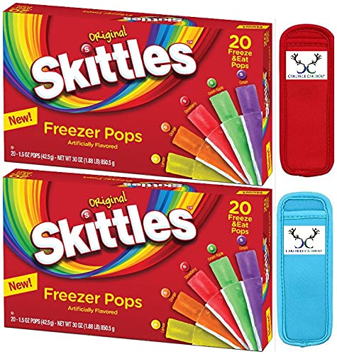 Freezer Pops Bundle. Includes Two Boxes of Skittles Freezer Pops plus Two Carefree Caribou Neoprene Freezer Pop Sleeves. 20 count assorted flavors each Skittles Freezer Pops box! 40 ice pops total!