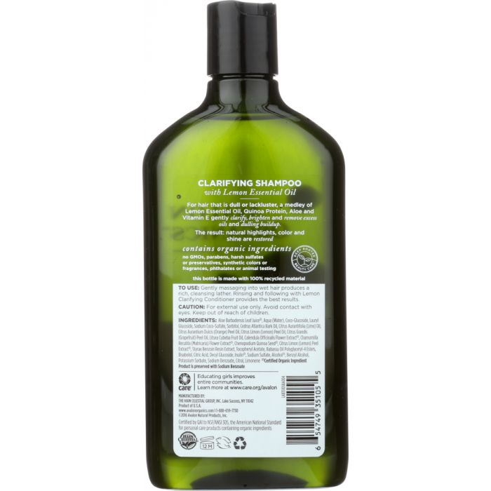 Back photo of Avalon Organics Shampoo Clarifying Lemon