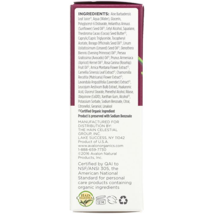 Ingredients label photo of Avalon Organics Wrinkle Therapy with CoQ10 & Rosehip Facial Serum