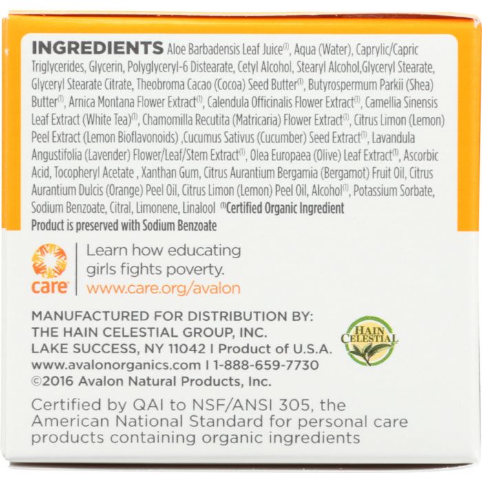 Ingredients label photo of Avalon Organics Intense Defense Vitamin C Renewal Rejuvenating Oil-Free Moisturizer