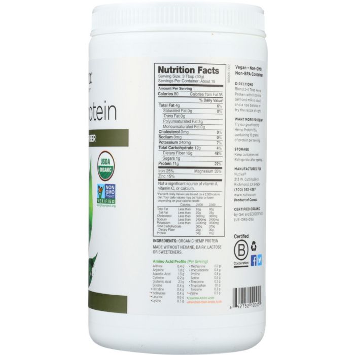 Nutrition label Side photo of Nutiva Organic Superfood Hemp Protein Hi-Fiber