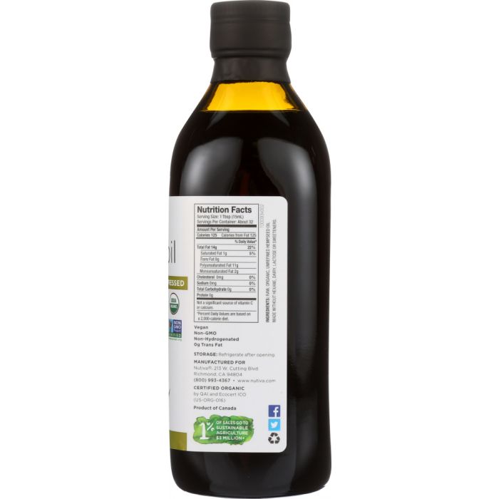 Nutritions label photo of Nutiva Hemp Oil Organic Cold Pressed