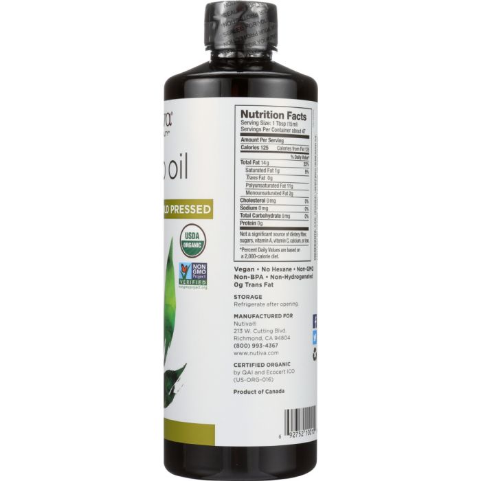 Nutrition label photo of Nutiva Oil Organic Hemp 