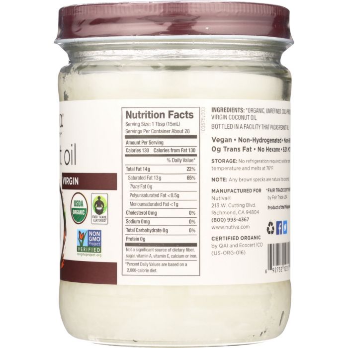 Nutrition label photo of Nutiva Organic Superfood Extra Virgin Coconut Oil