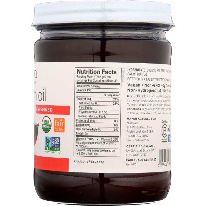 Nutrition label photo of Nutiva Organic Red Palm Oil Unrefined