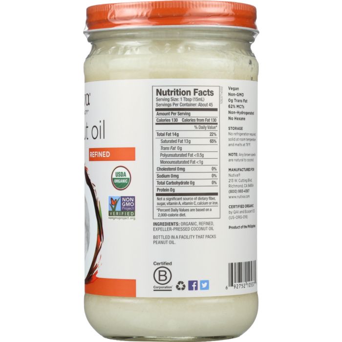 Nutrition label photo of Nutiva Organic Coconut Oil Refined