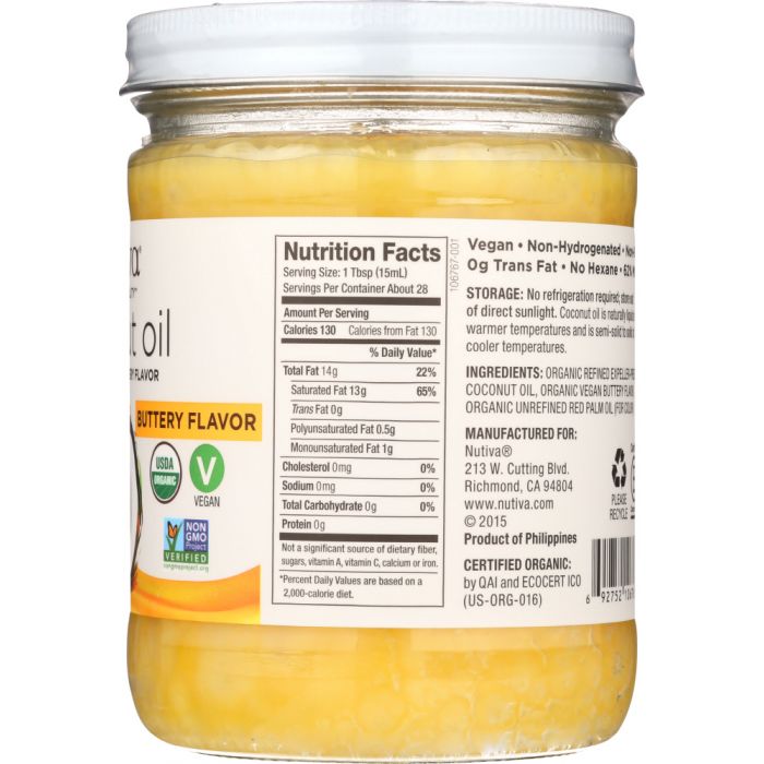 Nutritions label photo of Nutiva Coconut Oil Organic Buttery Flavor