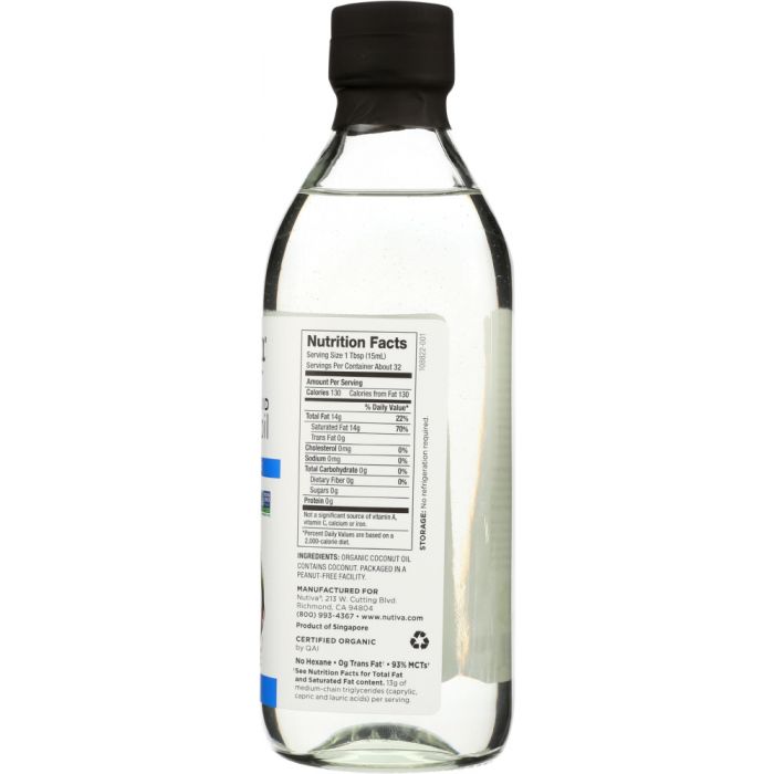 Nutrition label photo of Nutiva Liquid Coconut Oil Classic Glass