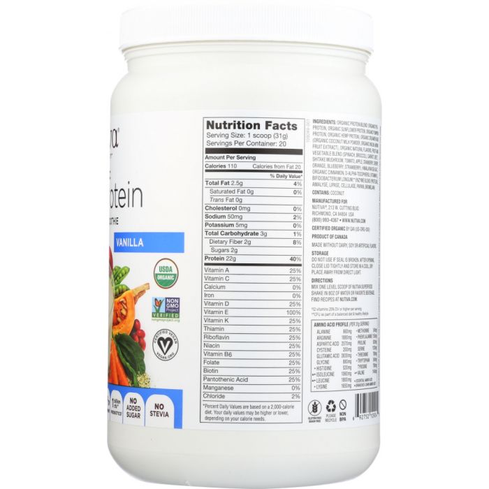 Nutrition label photo of Nutiva Protein Plant Vanilla Organic 