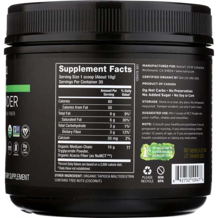Supplement label photo of Nutiva MCT Powder
