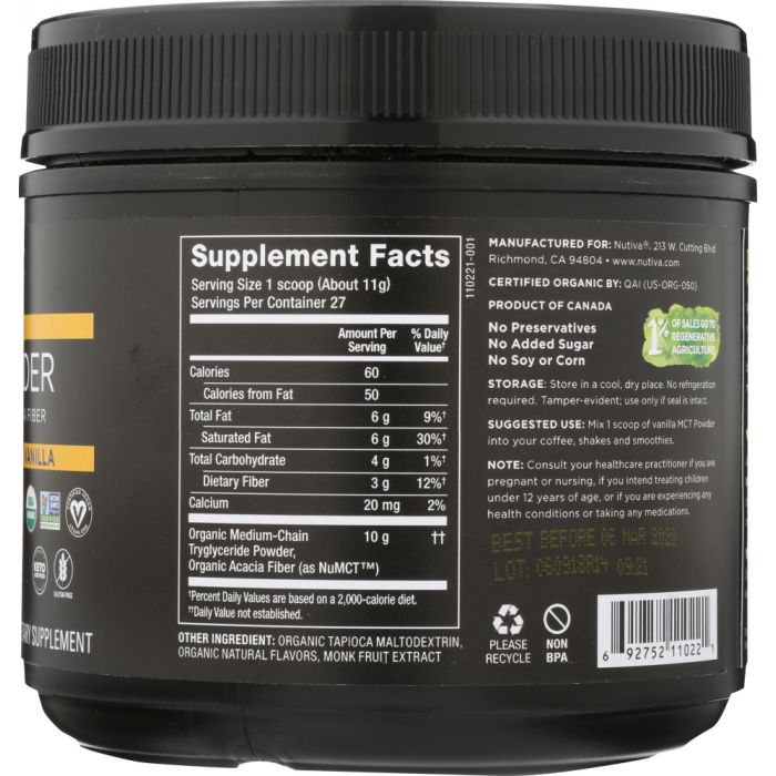 Supplement label photo of Nutiva Powdered MCT Vanilla