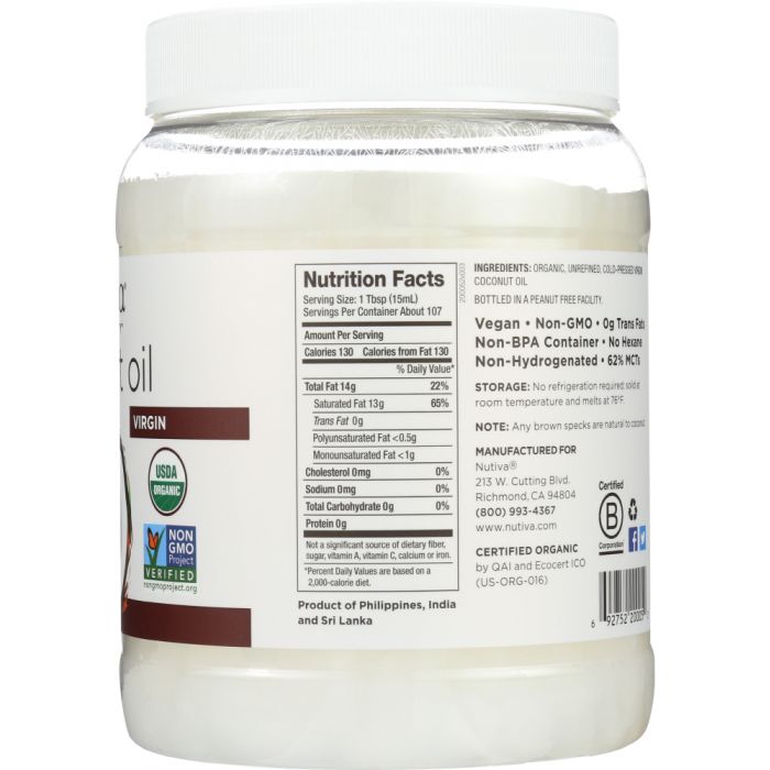 Nutritional label photo of Nutiva Organic Virgin Coconut Oil