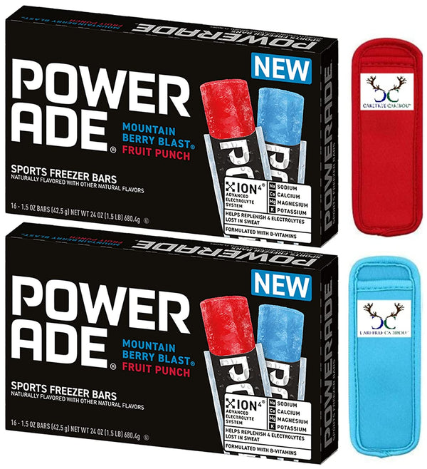 Sports Freezer Pops Bundle. Includes Two Boxes of 16 Powerade Freezer Bars and Two Carefree Caribou Neoprene Popsicle Sleeves. Two Exciting Flavors: Mountain Berry Blast and Fruit Punch Popsicles!