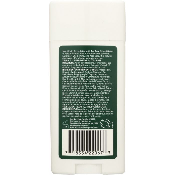 A back photo of Desert Essence Tea Tree Oil Deodorant with Lavender Oil