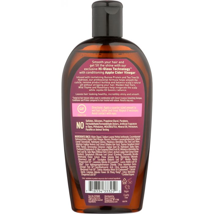 A back photo of Desert Essence Smoothing Shampoo 