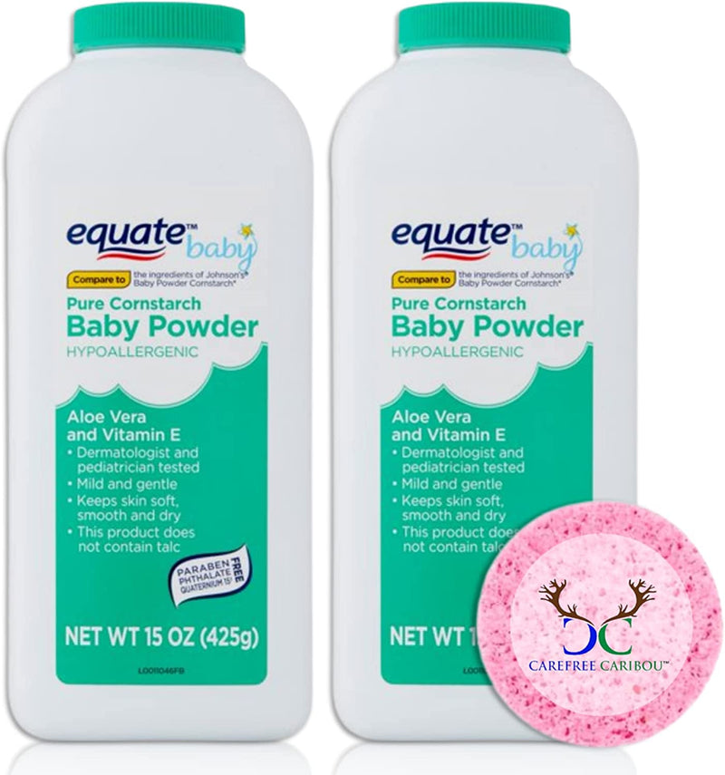 Pure Cornstarch Baby Powder Bundle. Includes Two 15oz Canisters of Equate Hypoallergenic Pure Cornstarch Baby Powder with Aloe Vera and Vitamin E Plus a Carefree Caribou Pink Compressed Facial Sponge!