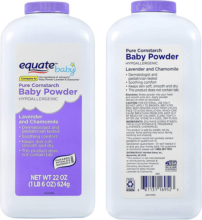 Pure Cornstarch Baby Powder Bundle. Includes Two 22oz Canisters of Equate Hypoallergenic Pure Cornstarch Baby Powder with Lavender and Chamomile Plus a Carefree Caribou Pink Compressed Facial Sponge!