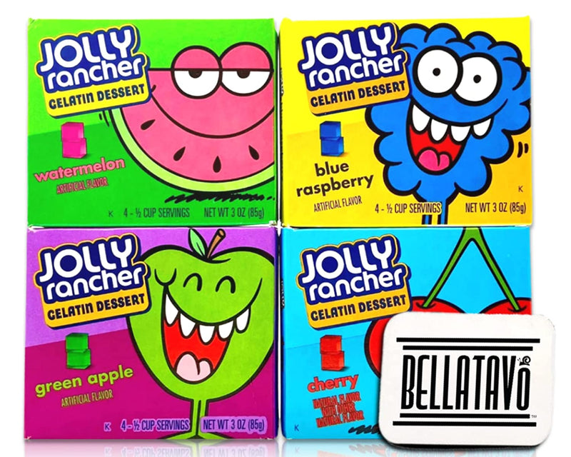 Jolly Rancher Green Apple, Blue Raspberry, Watermelon and Cherry Gelatin Mix (Four Boxes) Plus BELLATAVO Ref Magnet!
