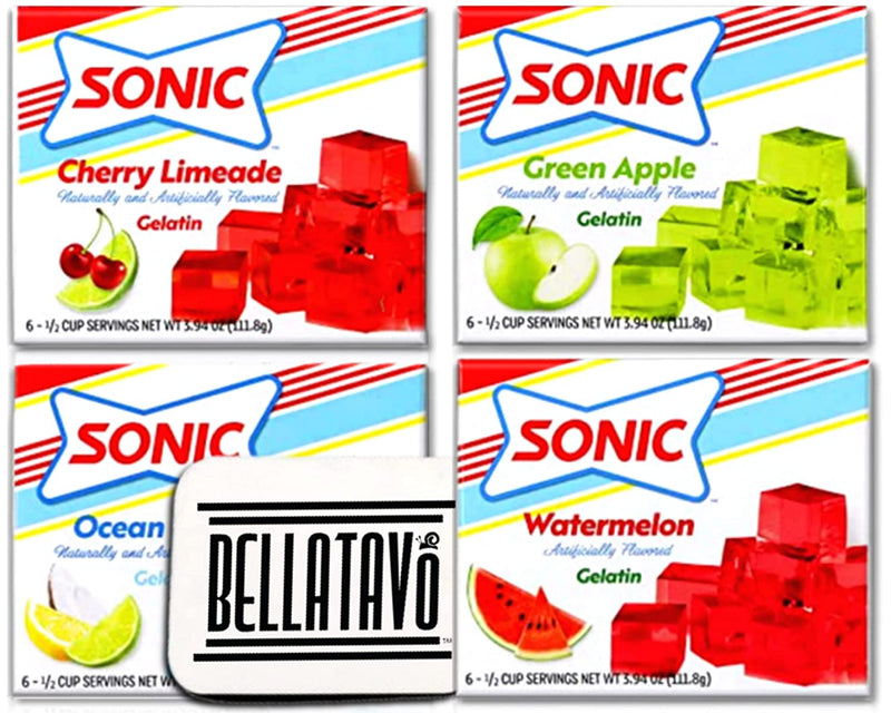 Sonic Gelatin Cherry Limeade, Ocean Water, Watermelon, and Green Apple Jello Mix (Four Boxes) & BELLATAVO Ref Magnet