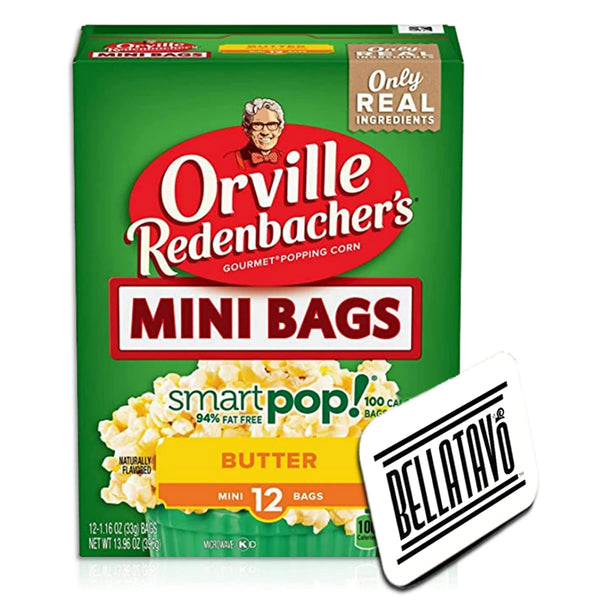 Microwave Popcorn Mini Bags Bundle. Includes One Box of Orville Redenbacher Smart Pop Butter Popcorn in Mini Bags and a BELLATAVO Ref Magnet! One box contains 12 Mini Bags of Butter Popcorn.