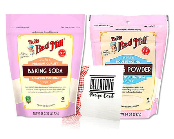 Gluten Free Baking Soda and Baking Powder Bundle. Includes One-14oz Bobs Red Mill Double Acting Baking Powder, One-16oz Bobs Red Mill Baking Soda, and One Authentic BELLATAVO Recipe Card!