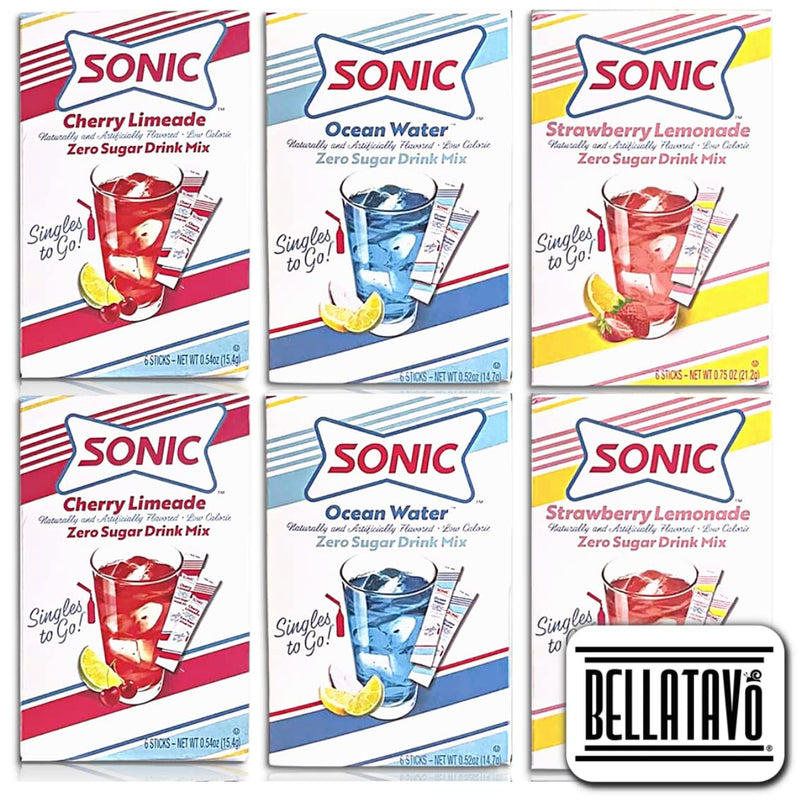 Singles To Go Variety Pack Bundle. Includes Six Boxes of Sonic Singles To Go Drink Mix Plus a BELLATAVO Refrigerator Magnet. Two Boxes Each: Sonic Ocean Water, Cherry Limeade and Strawberry Lemonade.