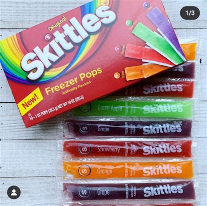 Freezer Pops Bundle. Includes Two Boxes of Skittles Freezer Pops plus Two Carefree Caribou Neoprene Freezer Pop Sleeves. 20 count assorted flavors each Skittles Freezer Pops box! 40 ice pops total!