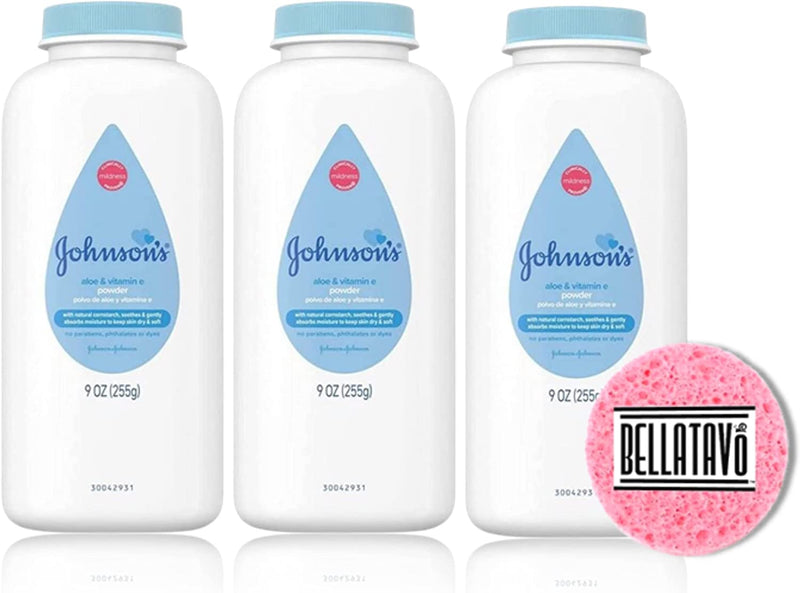 Johnson Aloe Vera Baby Powder (Three-9oz) Plus a BELLATAVO Facial Sponge