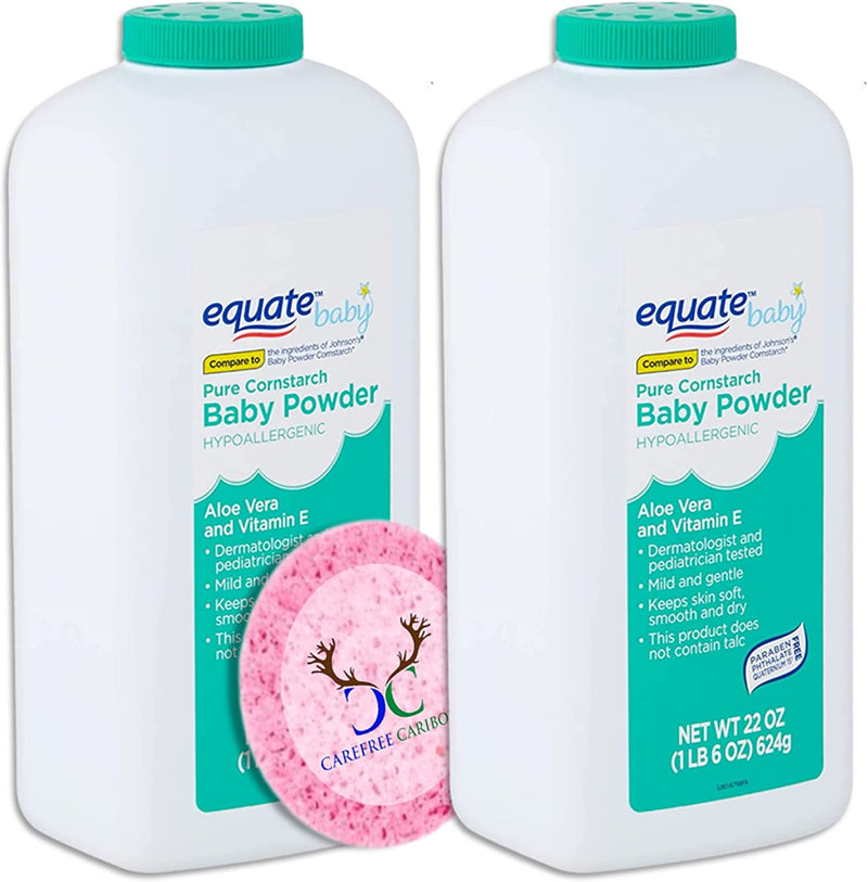 Pure Cornstarch Baby Powder Bundle. Includes Two 22oz Canisters of Equate Hypoallergenic Pure Cornstarch Baby Powder with Aloe Vera and Vitamin E Plus a Carefree Caribou Pink Compressed Facial Sponge!