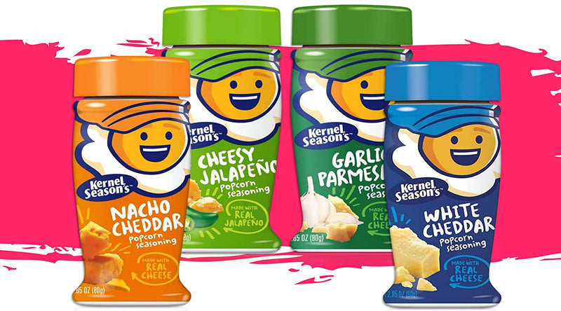 Kernel Season's Popcorn Seasoning and a BELLATAVO Recipe Card. Flavors are Nacho Cheddar, Cheesy Jalapeno, Garlic Parmesan and White Cheddar