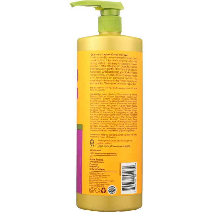 Ingredients label photo of Alba Botanica Shampoo Colorific Plumeria 