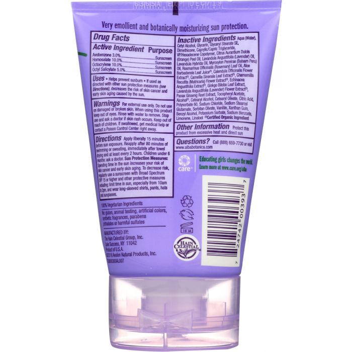 Back photo of Alba Botanica Soothing Sunscreen Pure Lavender SPF 45