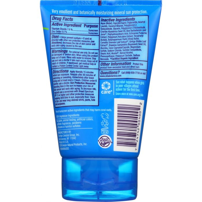 Back photo of Alba Botanica Very Emollient Sunscreen Sport Mineral Protection SPF 45