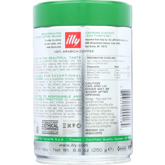 Back Packaging Photo of Illy Whole Bean Medium Roast Decaf Coffee