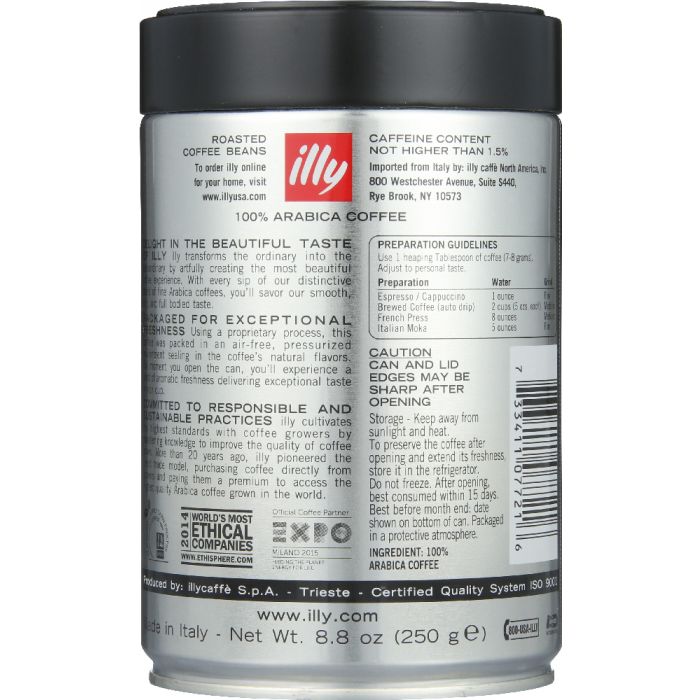 Back Packaging Photo of Illy Whole Bean Dark Roast Coffee