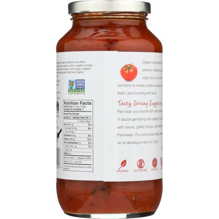 Nutritional Label Photo of Dave's Gourmet Organic Red Heirloom Pasta Sauce