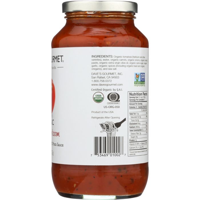 Side Label Photo of Dave's Gourmet Organic Red Heirloom Pasta Sauce