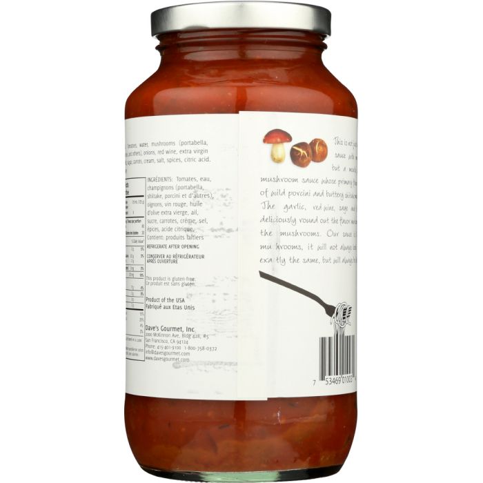 Side Label Photo of Dave's Gourmet Wild Mushroom Pasta Sauce