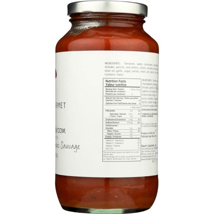 Nutritional Label Photo of Dave's Gourmet Wild Mushroom Pasta Sauce