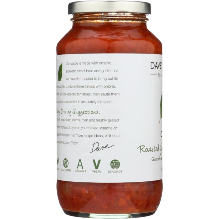 Side Label Photo of Dave's Gourmet Roasted Garlic and Sweet Basil Pasta Sauce
