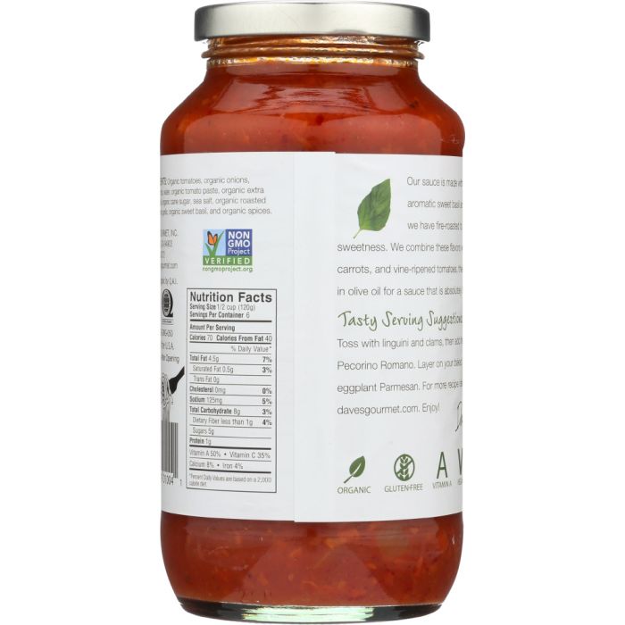 Side Label Photo of Dave's Gourmet Roasted Garlic and Sweet Basil Pasta Sauce