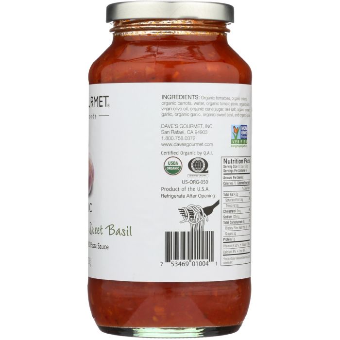 Nutritional Label Photo of Dave's Gourmet Roasted Garlic and Sweet Basil Pasta Sauce