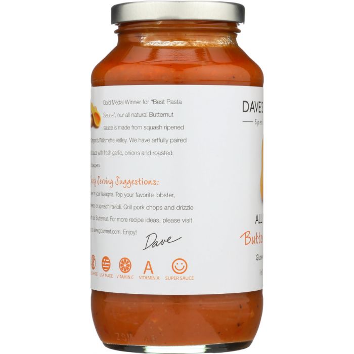 Side Label Photo of Dave's Gourmet Butternut Squash Pasta Sauce