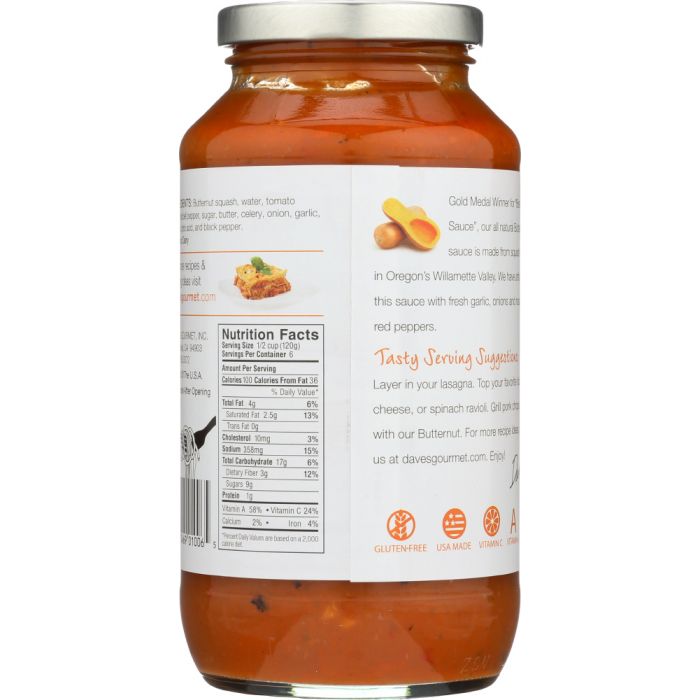 Nutritional Label Photo of Dave's Gourmet Butternut Squash Pasta Sauce