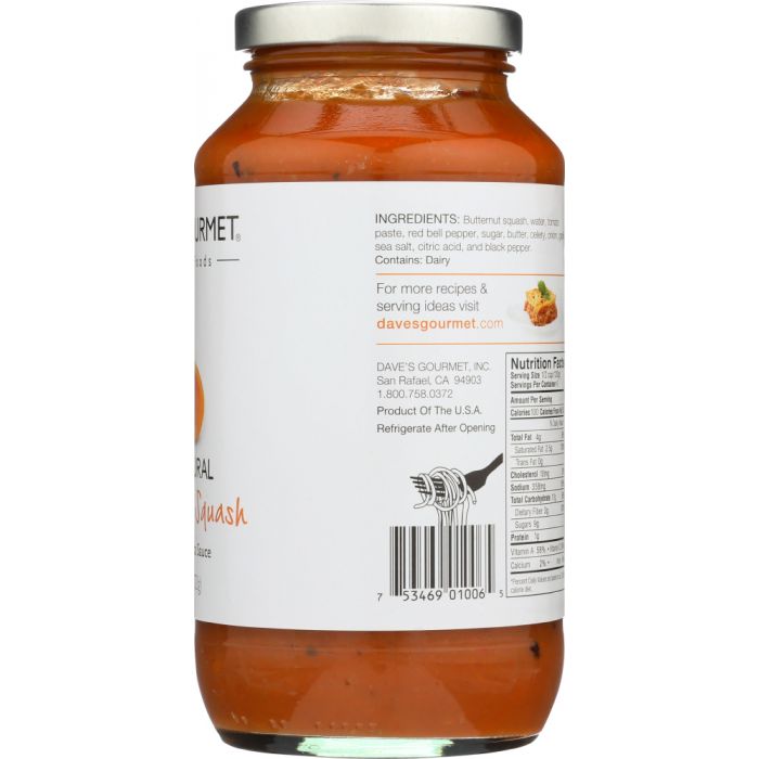 Side Label Photo of Dave's Gourmet Butternut Squash Pasta Sauce